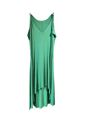 Green asymmetrical sleeveless dress, crafted from eco-friendly elastic EcoVero viscose. Featuring a relaxed fit and a soft, cozy texture. Its unique design includes a V-shaped back, which can be reversed for a boat neckline in front.