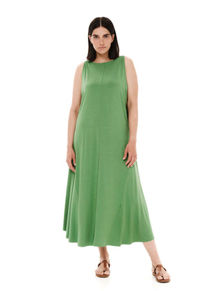 Green asymmetrical sleeveless dress, crafted from eco-friendly elastic EcoVero viscose. Featuring a relaxed fit and a soft, cozy texture. Its unique design includes a V-shaped back, which can be reversed for a boat neckline in front.