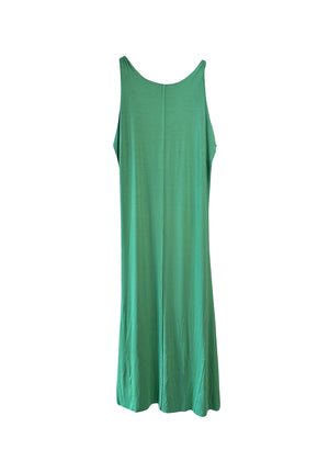 Green asymmetrical sleeveless dress, crafted from eco-friendly elastic EcoVero viscose. Featuring a relaxed fit and a soft, cozy texture. Its unique design includes a V-shaped back, which can be reversed for a boat neckline in front.