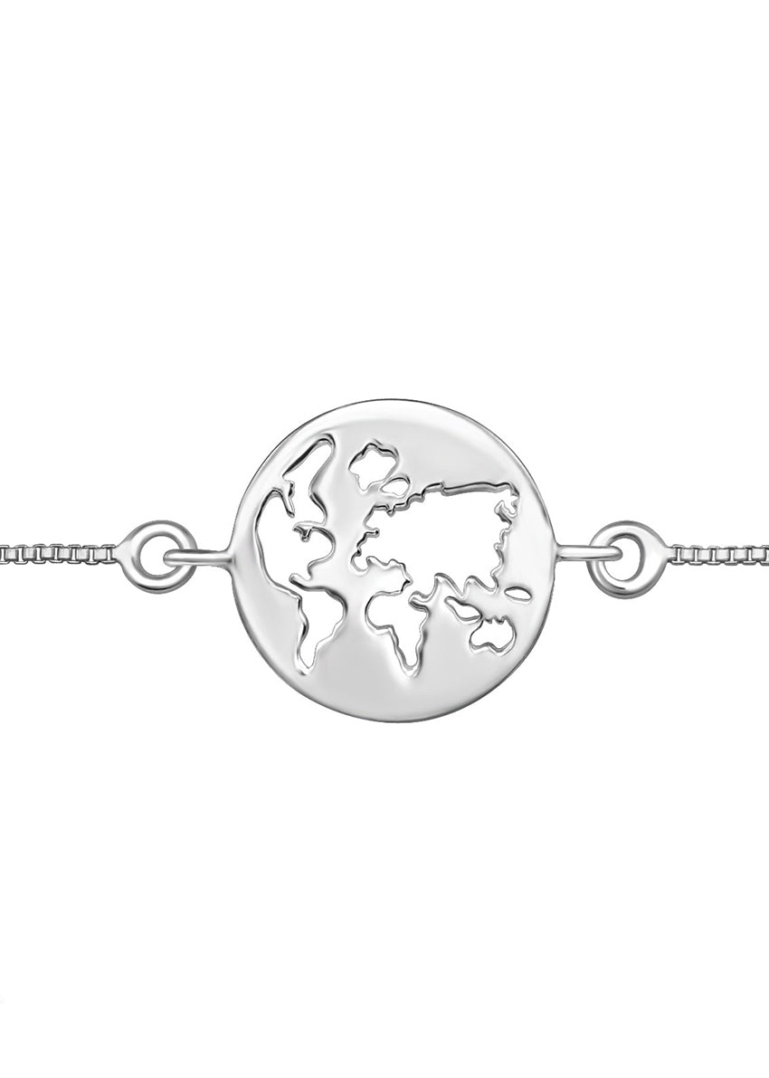 An adjustable sterling silver bracelet with a lobster clasp, featuring a world map charm.