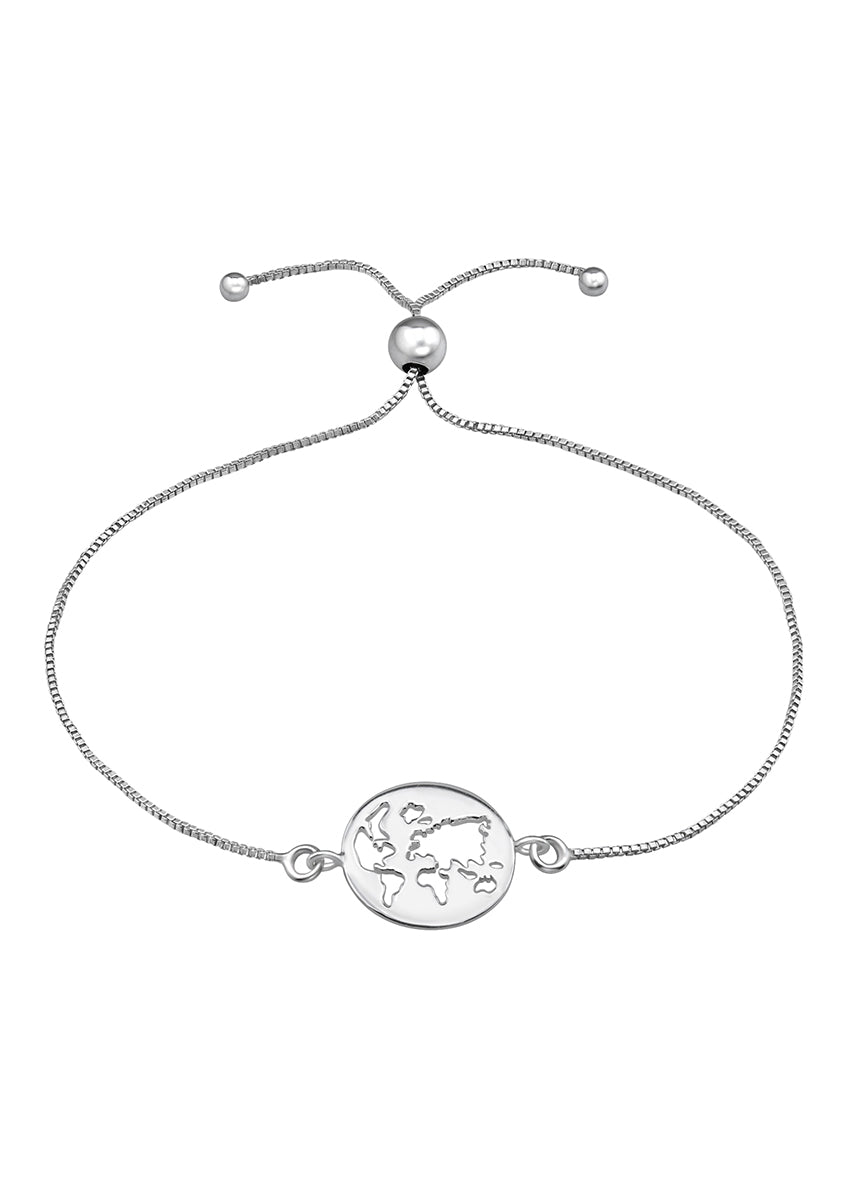 An adjustable sterling silver bracelet with a lobster clasp, featuring a world map charm.