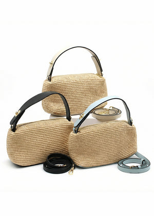 Set of three straw handbags with black and blue straps on a white background