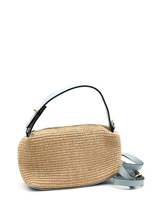 Woven handbag with a strap on a white background