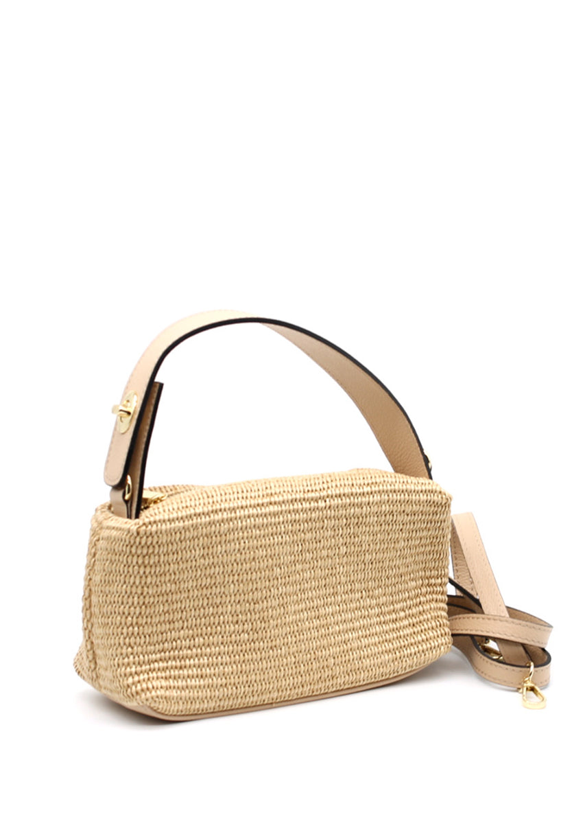 Woven handbag with beige strap on a white background