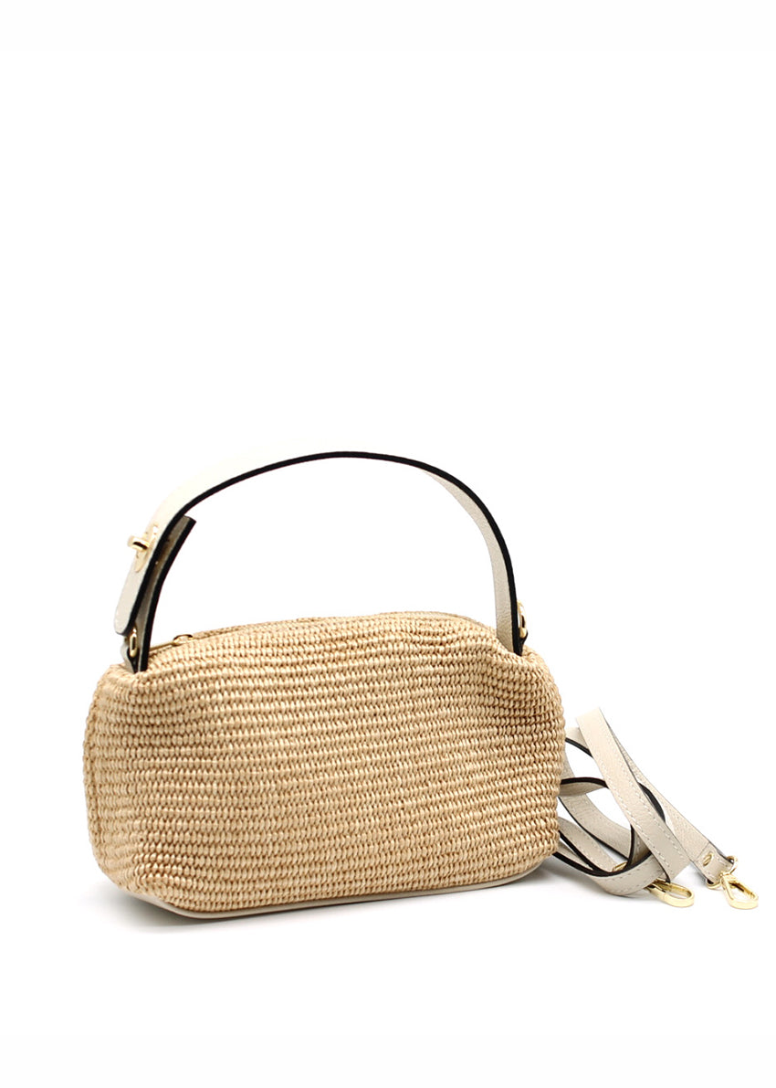 Beige woven handbag with a black handle on a white background