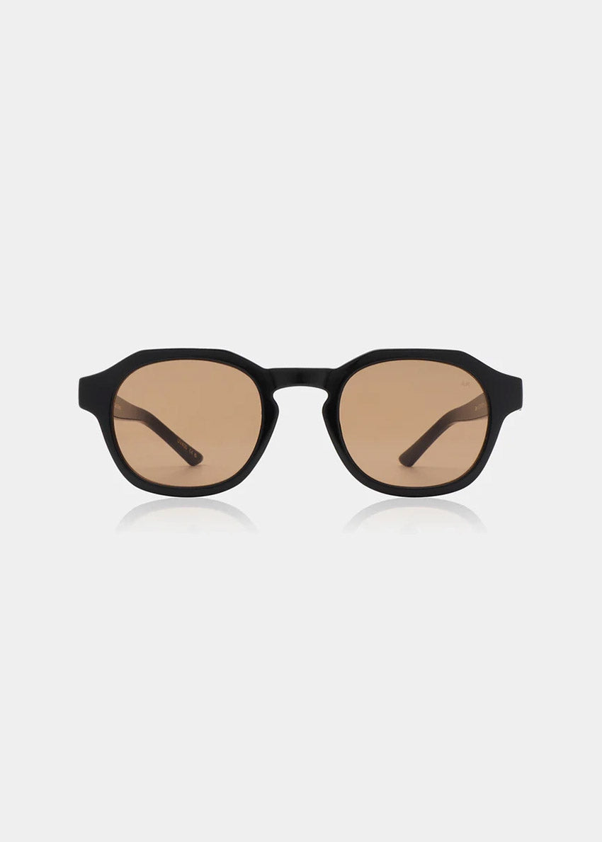 Round sunglasses with black frame and brown lenses on a white background