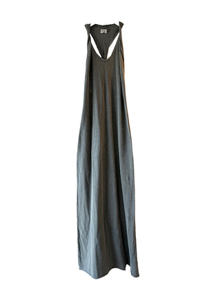 Long dark gray dress with cut-out shoulders on a white background