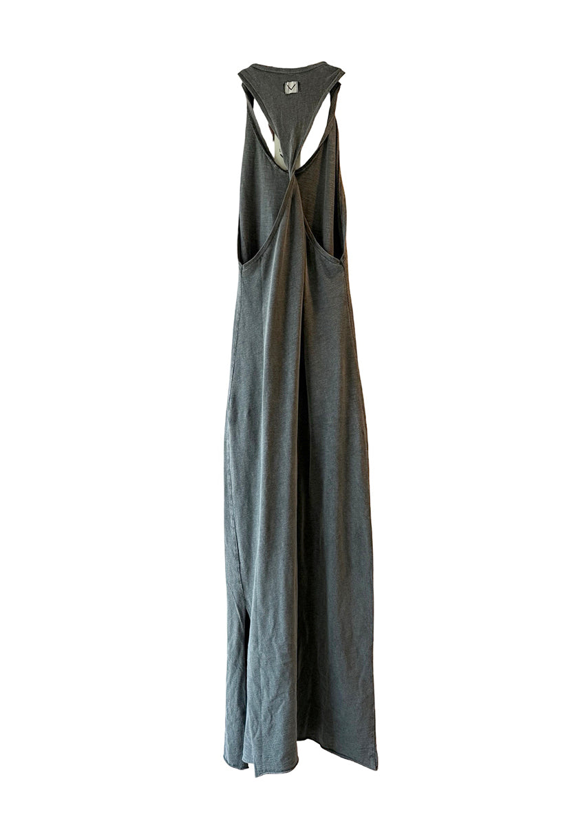 Long gray dress with cut-out sides on a white background