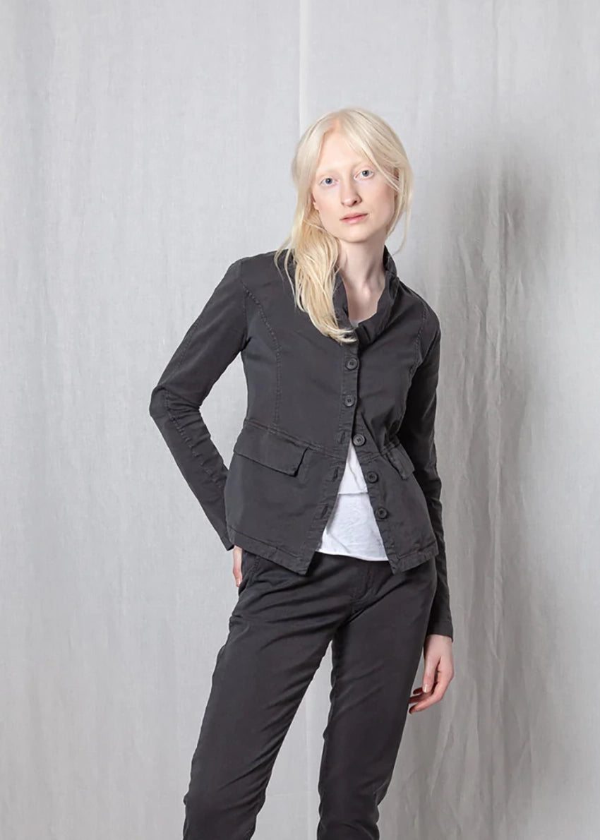 Gray jacket with a unique collar design on a white background