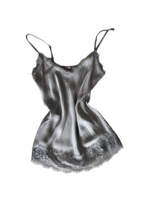 Dim grey lace top with adjustable straps and delicate lace trim on a white background 