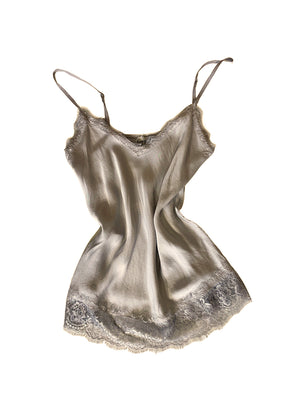 Wheat lace top with adjustable straps and delicate lace trim on a white background 