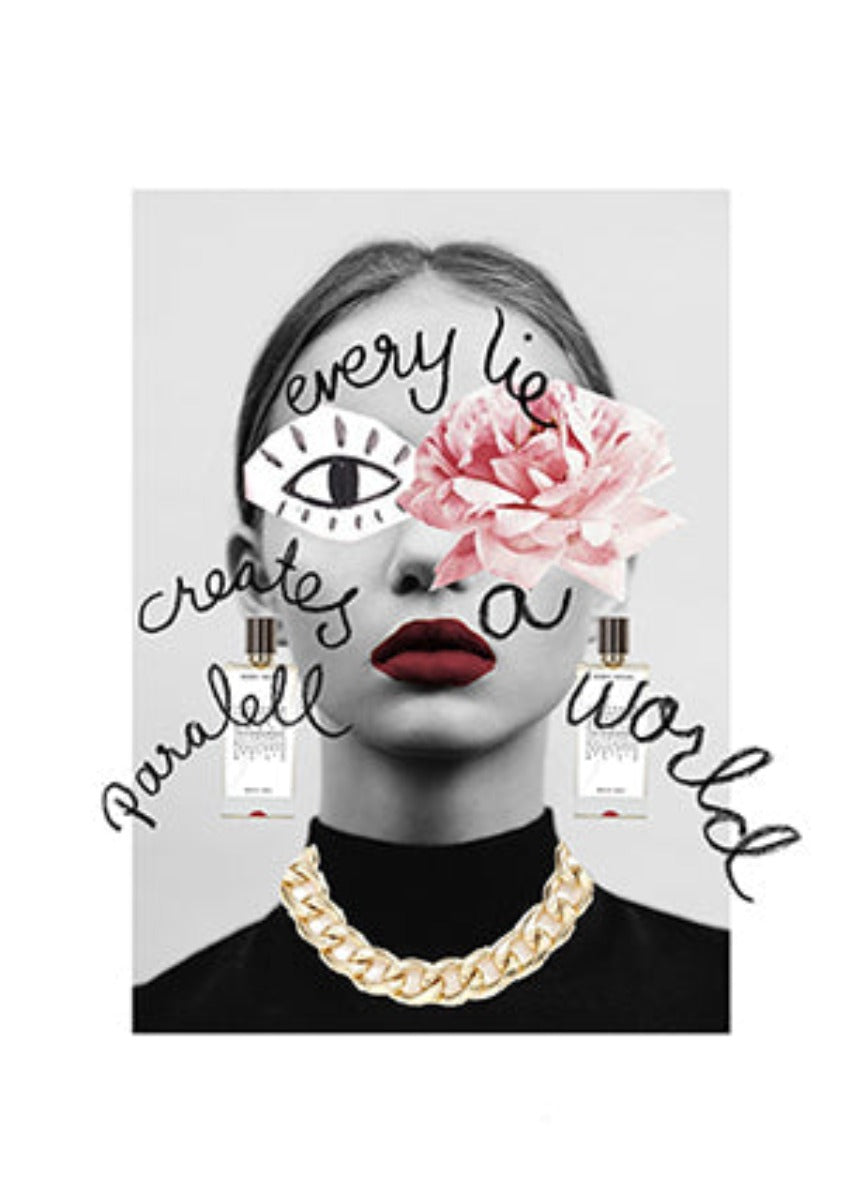 Advertisement image featuring a woman with a flower in her hair, wearing a necklace, with text and perfume bottles.