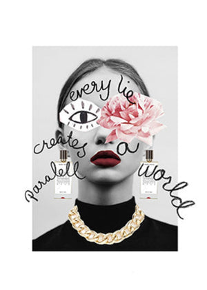 Advertisement image featuring a woman with a flower in her hair, wearing a necklace, with text and perfume bottles.