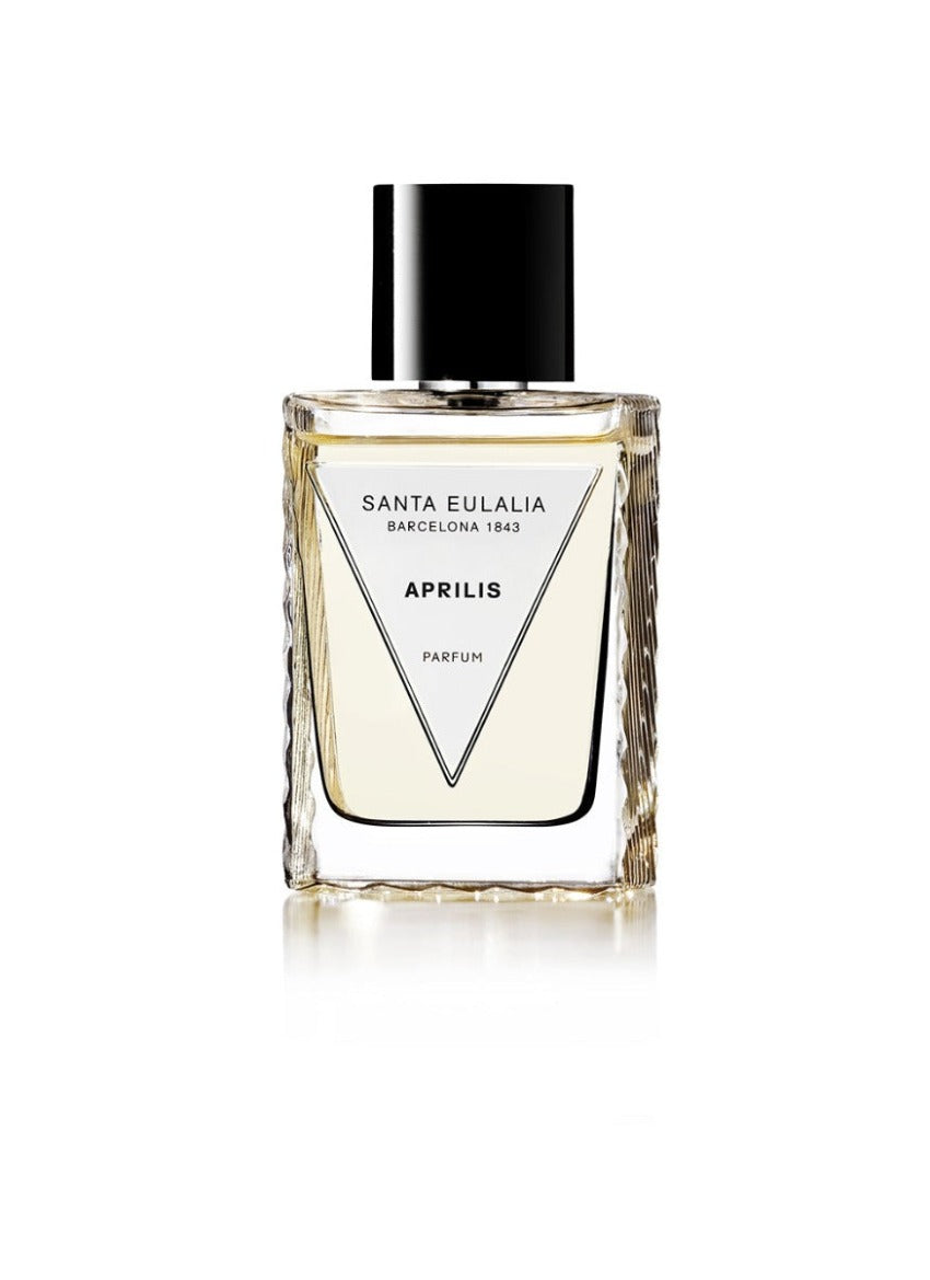 A bottle of 'Aprilis' perfume by Santa Eulalia, with a clear display of the product name and the city of Barcelona mentioned.