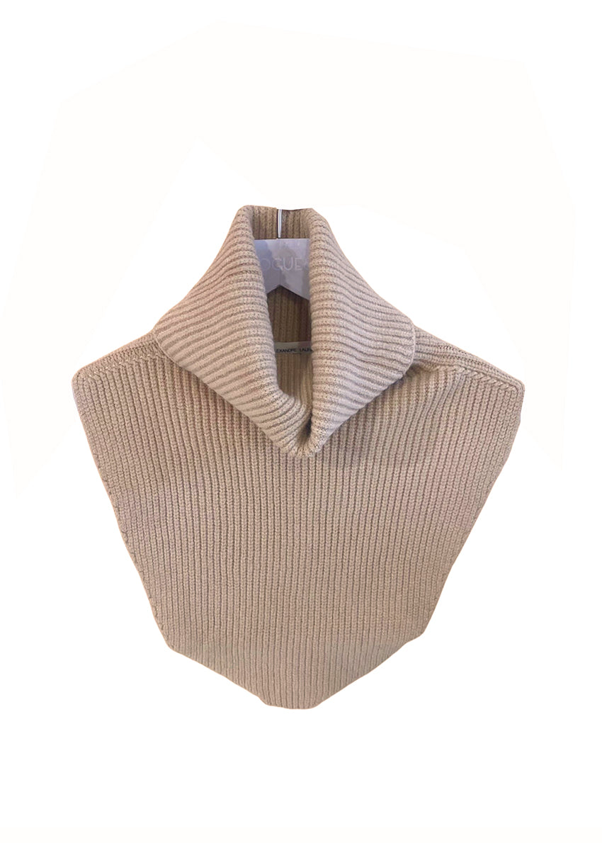 A beige, ribbed, knitted neck collar, displayed against a white background.