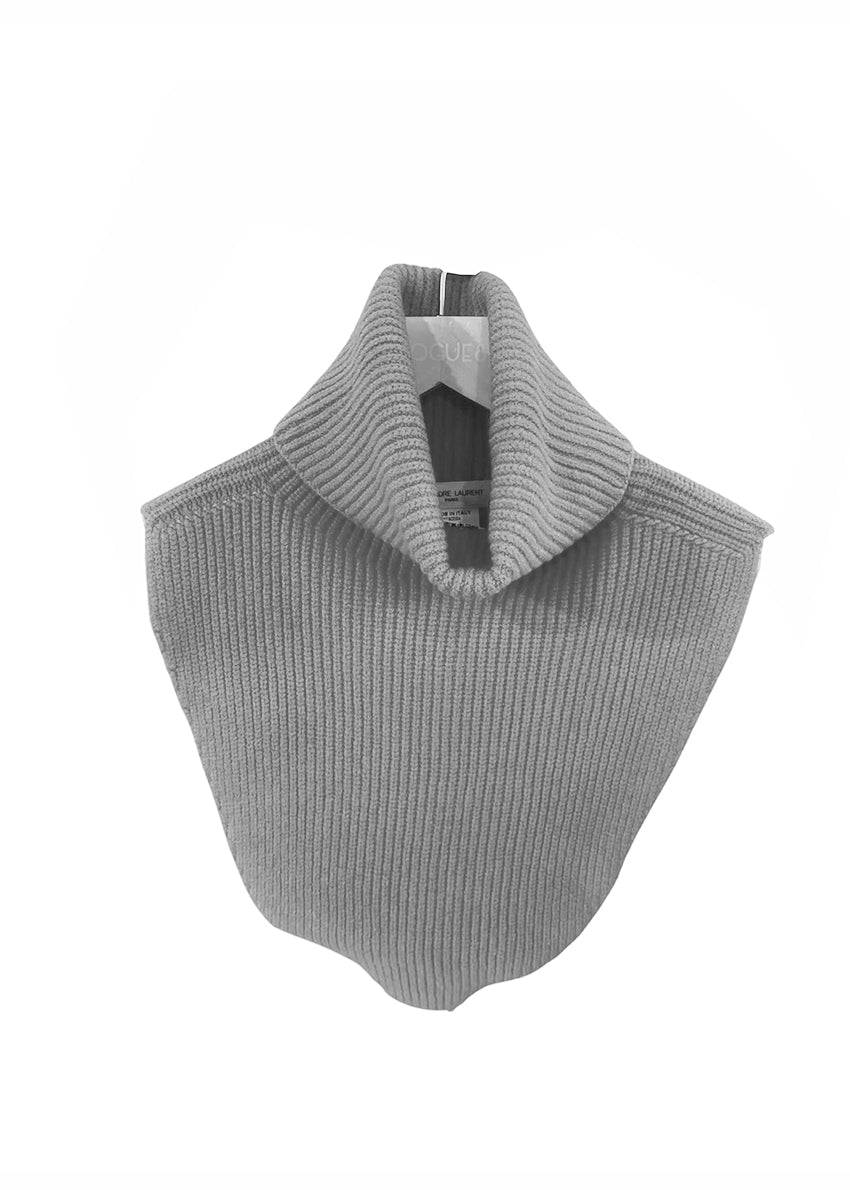 A light grey, ribbed, knitted neck collar, displayed against a white background.