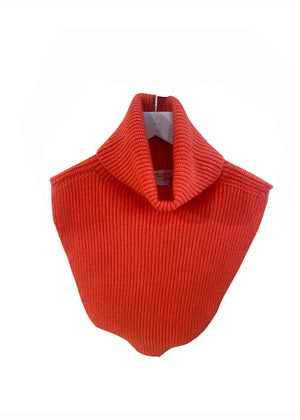 A red, ribbed, knitted neck collar, displayed against a white background.