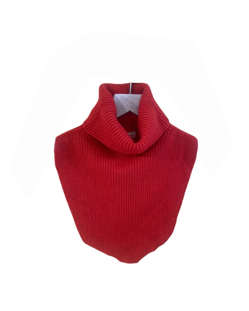 A red, ribbed, knitted neck collar, displayed against a white background.