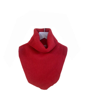 A red, ribbed, knitted neck collar, displayed against a white background.