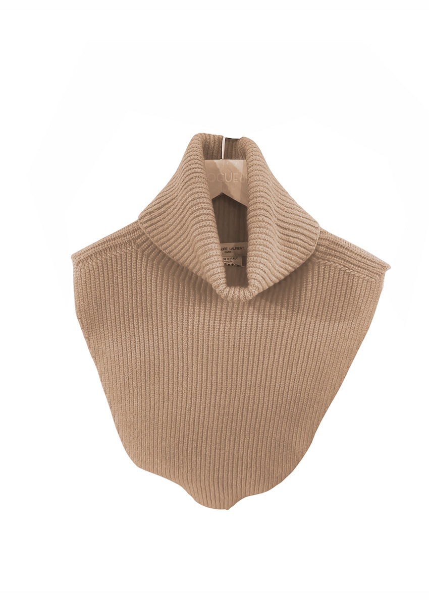 A beige, ribbed, knitted neck collar, displayed against a white background.