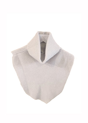 A white, ribbed, knitted neck collar, displayed against a white background.