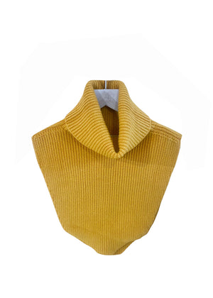 A yellow, ribbed, knitted neck collar, displayed against a white background.