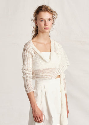 A person wearing a white bustier top with a white transparent cardigan and matching pants