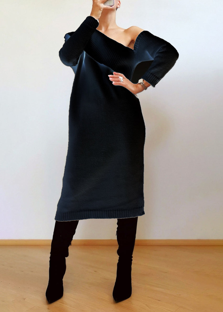 Midi bare shoulder dress. Knitted with a large dose of alpaca yarn.