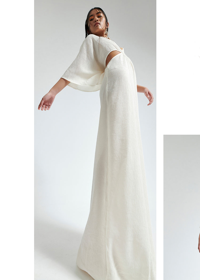 White Long dress featuring a bare waist design and 3/4 kimono sleeves