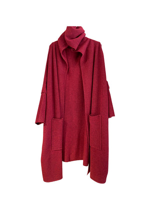 A red long cardigan from the front on a white background 