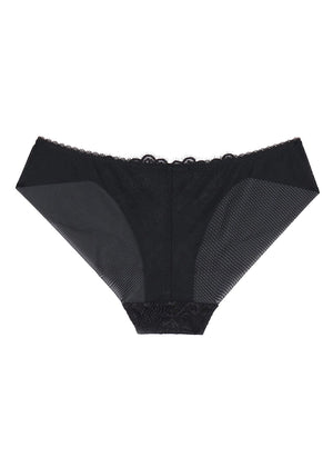 A pair of black lace and tulle briefs with a floral pattern.