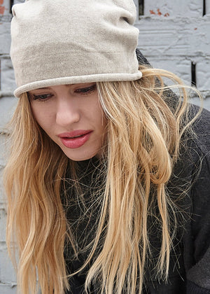 Cotton cute beige beanie. The fine cotton is exceptionally suited to those with sensitive skin