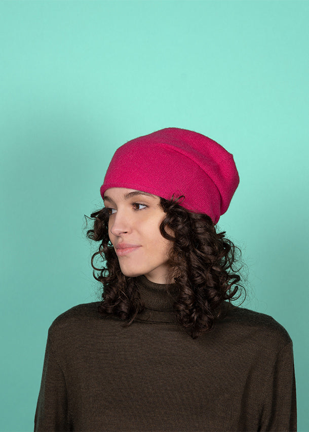 Cotton cute deep pink beanie. The fine cotton is exceptionally suited to those with sensitive skin