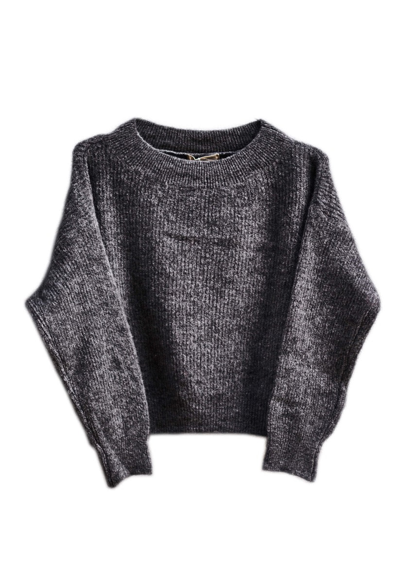 A gray sweater with a boat neckline and raglan sleeves, displayed against a plain background.