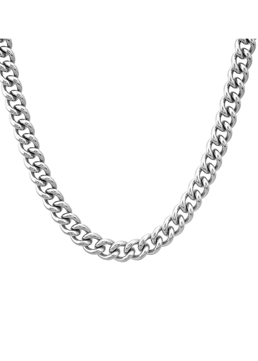 A silver-colored chain necklace with a solid pattern, likely made from stainless steel or 18 karat gold plated material.