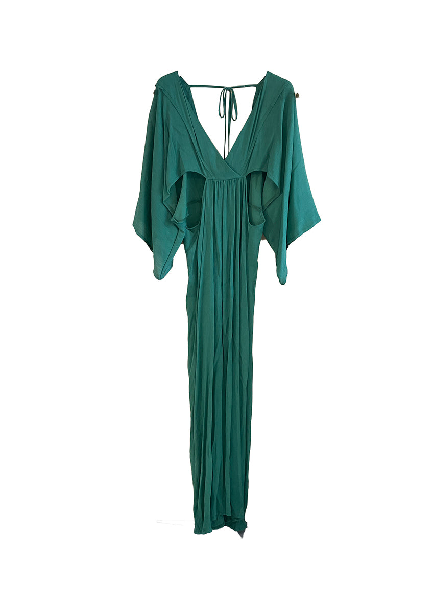 Green Long dress featuring a bare waist design and 3/4 kimono sleeves