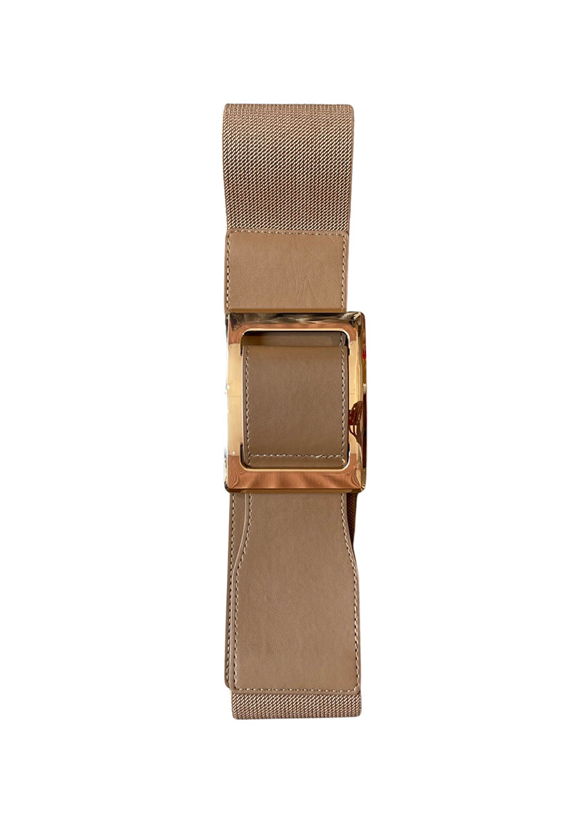 Elasticated belt with a square gold polish buckle