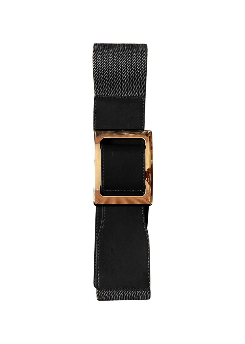 Black Elasticated belt with a square gold polish buckle