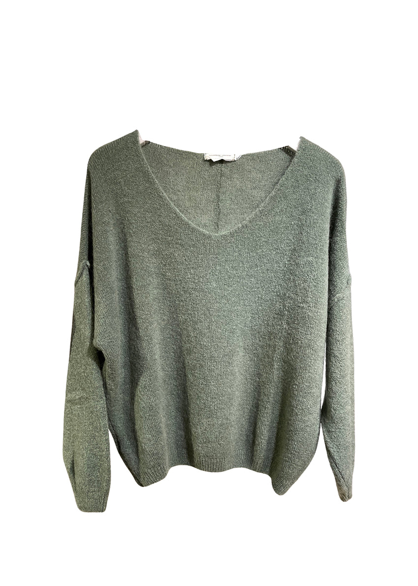 A dark olive green, loose-fitting, long-sleeved sweater with a deep V neckline.