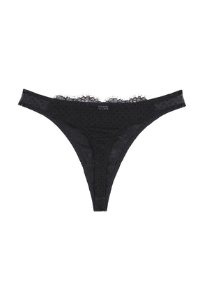 A black lace thong brief with floral patterns.