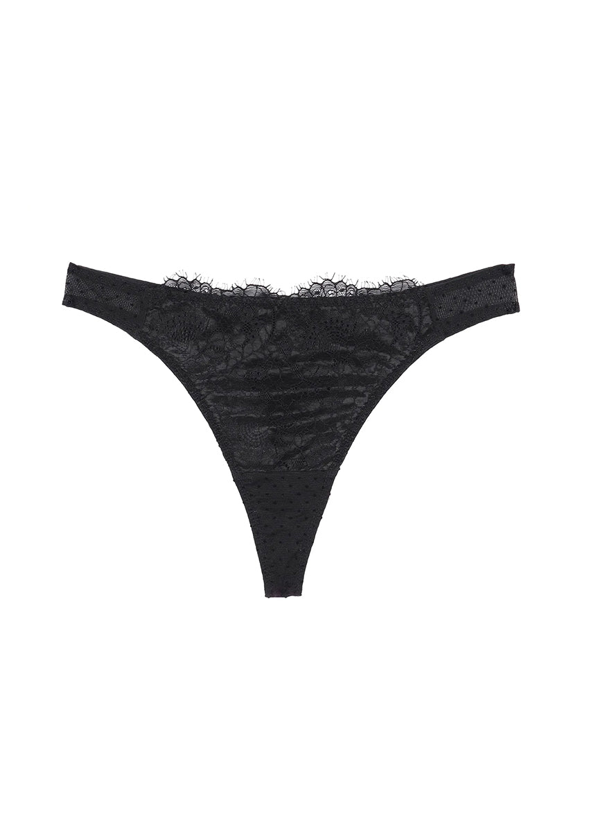 A black lace thong brief with floral patterns.