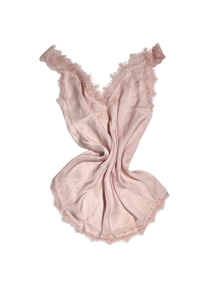 A lavender blush lace V-neck tank top with delicate lace trim on a white background.