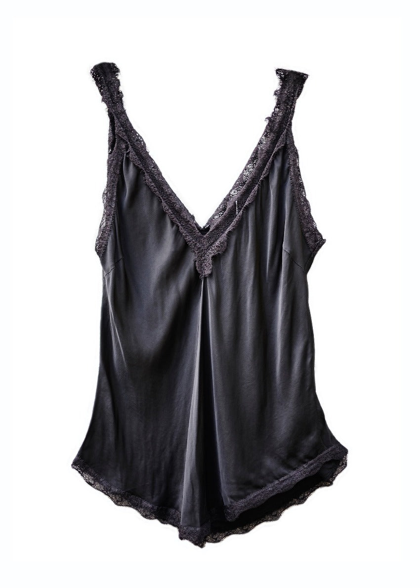 A black lace V-neck tank top with delicate lace trim on a white background.