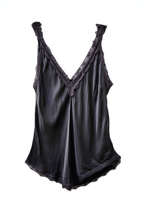 A black lace V-neck tank top with delicate lace trim on a white background.