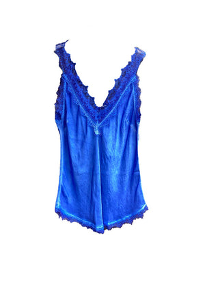 A blue lace V-neck tank top with delicate lace trim on a white background.
