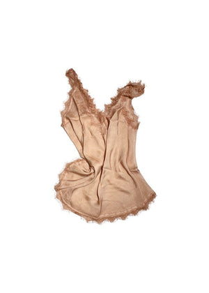 A sandy brown lace V-neck tank top with delicate lace trim on a white background.