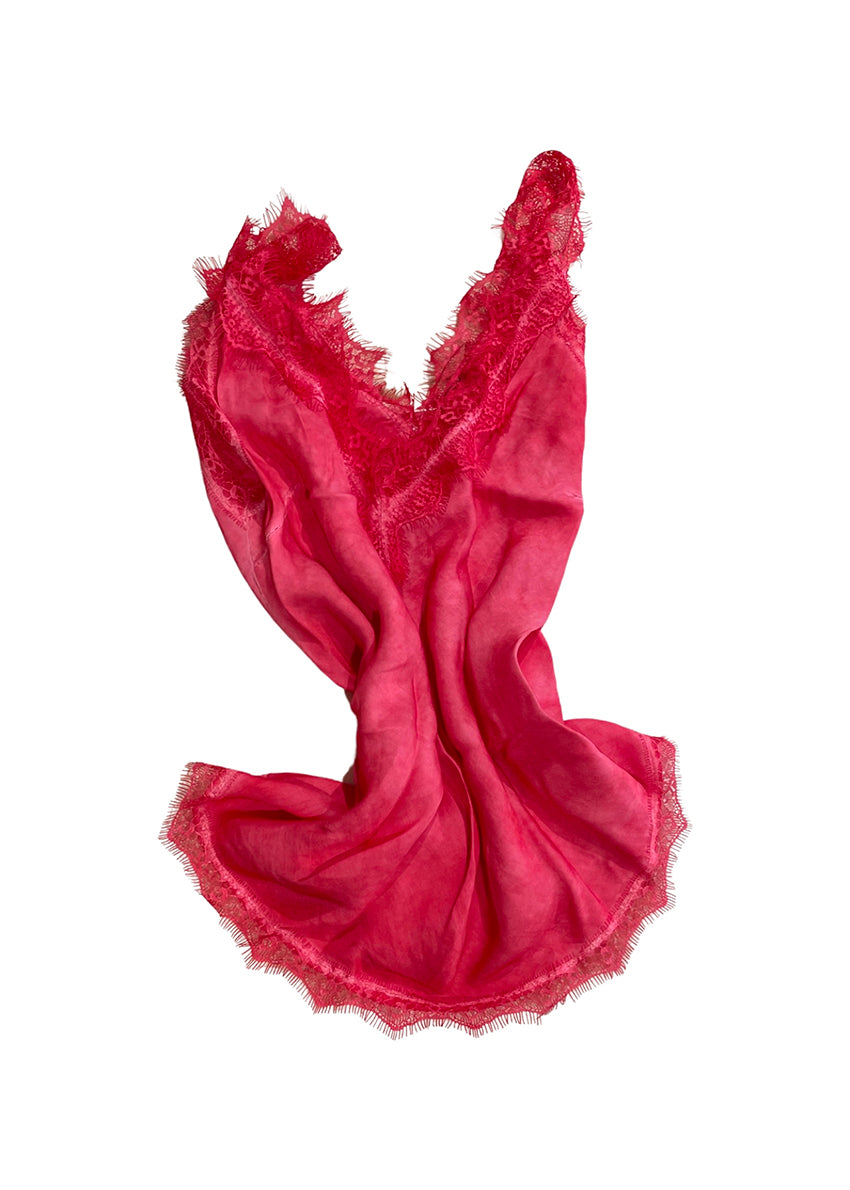 A crimson lace V-neck tank top with delicate lace trim on a white background.