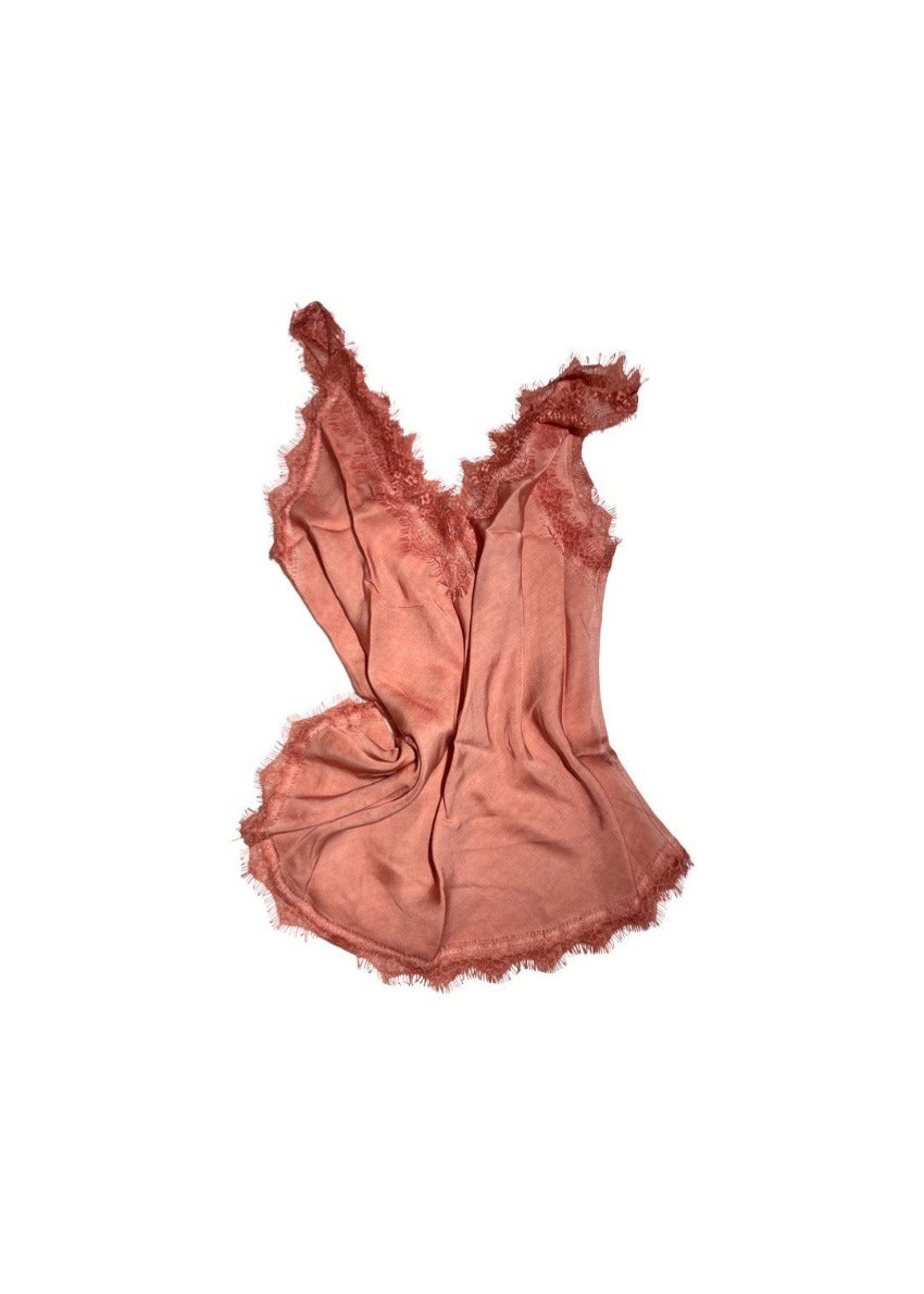 A dark salmon lace V-neck tank top with delicate lace trim on a white background.