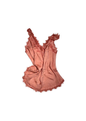 A dark salmon lace V-neck tank top with delicate lace trim on a white background.