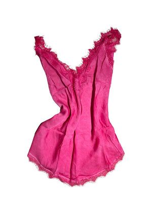 A deep pink  lace V-neck tank top with delicate lace trim on a white background.